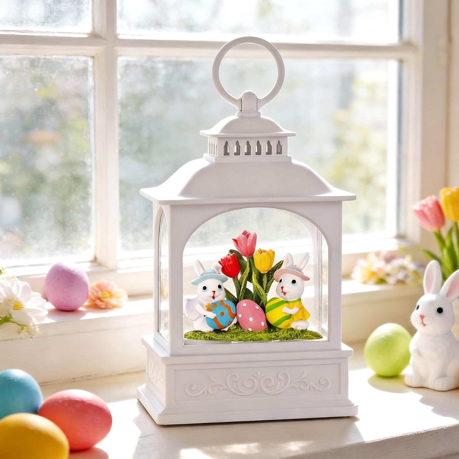Skiennix Easter Bunny Snow Globe - Glitter Lantern with 6-Hour Timer for Spring Decor