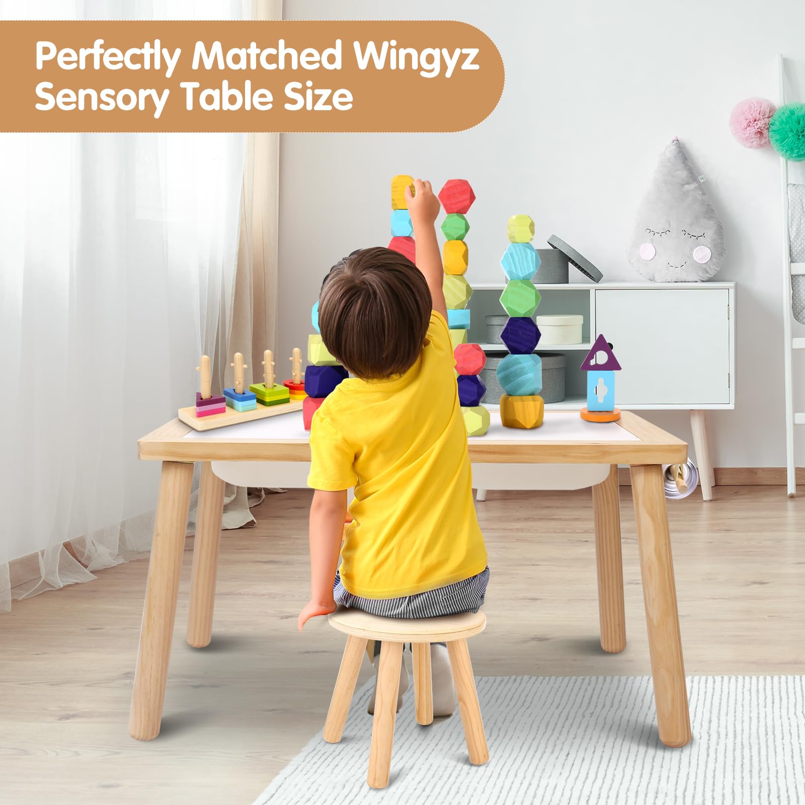 Wingyz Wooden Step Stools for Kids, 10 Inch Solid Kids Chairs Perfect Matched Sensory Table, Multi-Purpose Children Sitting Stool for Playroom Bathroom (Natural, 2 Pack)