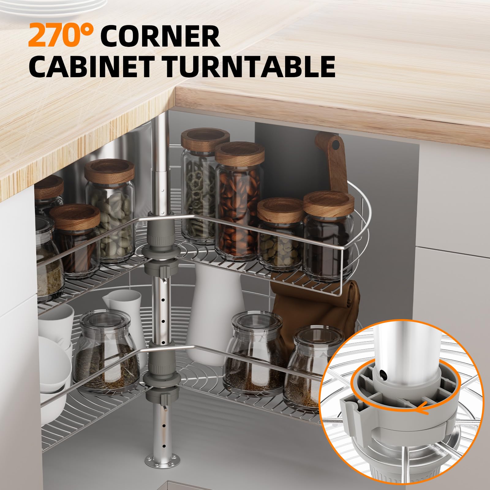 24" Corner Cabinet Turntable, 270° Rotating Basket Adjustable Height Kitchen Shelf Turntable, 2 Tier Rotating Basket 304 Stainless Steel Rotating Storage Rack for Kitchen Corner Cabinets