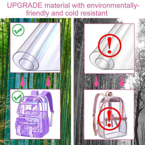 UFNDC 3PCS Clear School Backpack, Girls Star Purple Transparent Bookbag Heavy Duty, See Through PVC Bag
