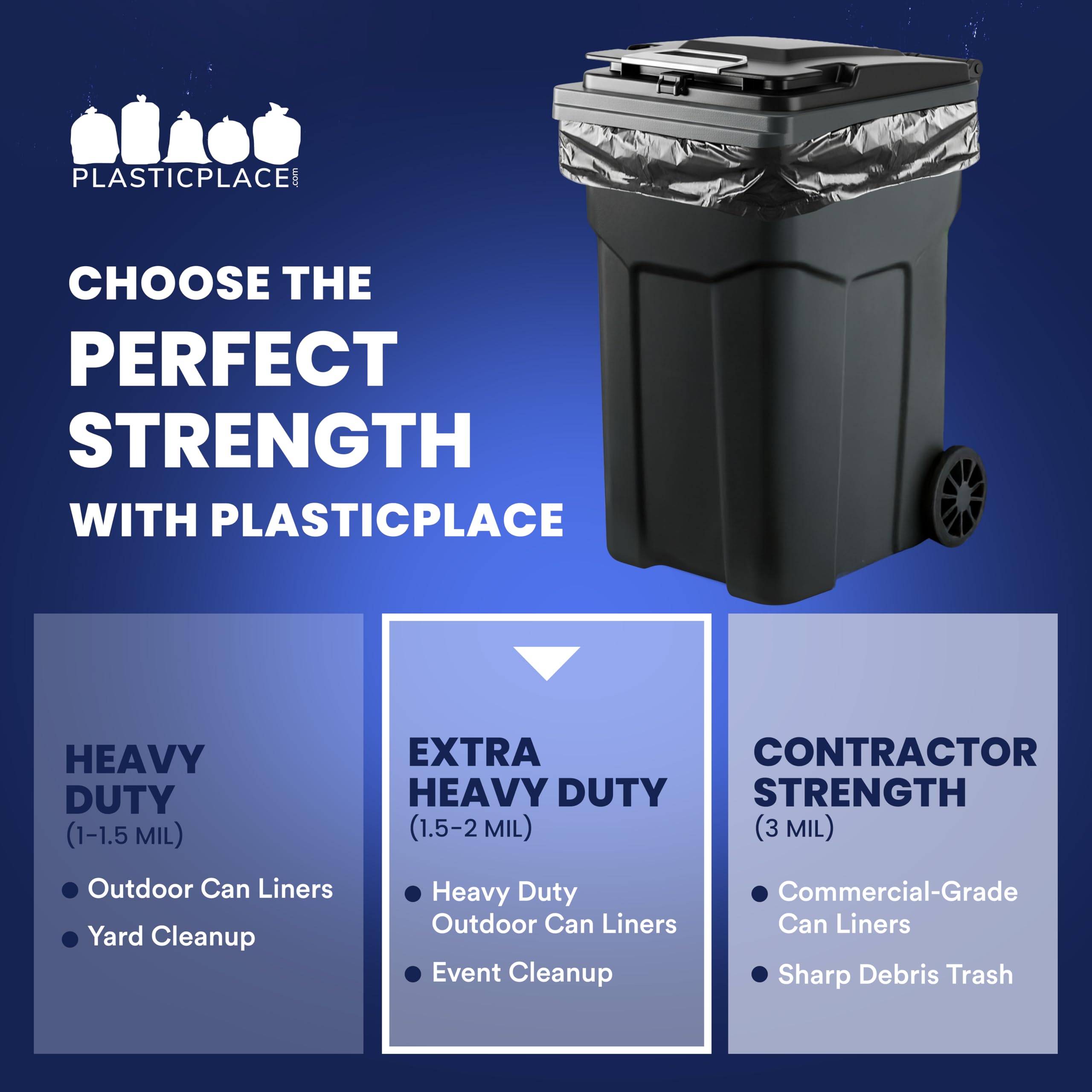 Plasticplace 95-96 Gallon Garbage Can Liners │ 2 Mil │ Black Heavy Duty Trash Bags │ 61” x 68”, 25 Count