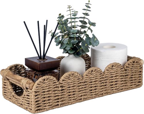 CubesLand Bathroom Basket Organizer - Scalloped Wicker Storage Tray with Cut-Out Handle | Neutral Decor