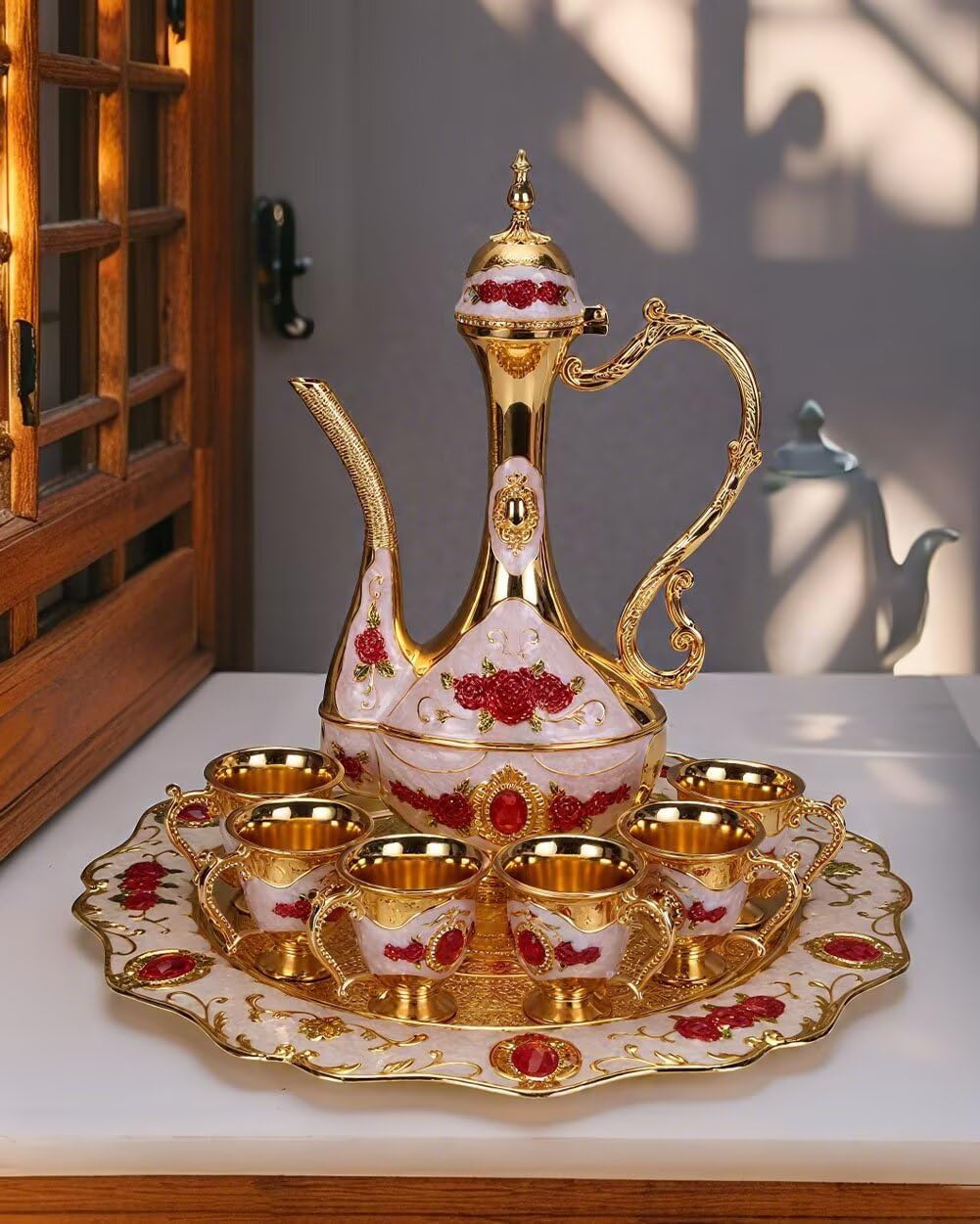 SEEK RARE Large Vintage Turkish Tea Set Coffee Service Set Teapot Sets for Adults Home Party Decor Golden Blue