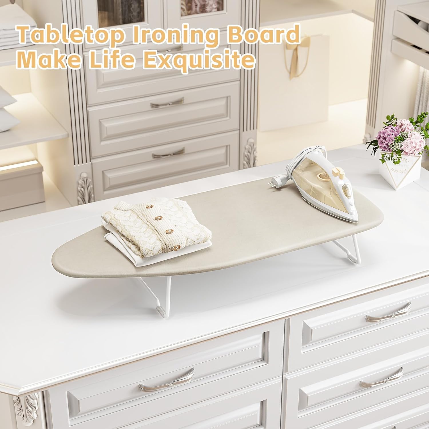 Skiennix Compact Ironing Board - Heat Resistant Cover & Metal Mesh Frame | 12x30 Inches, Cream White