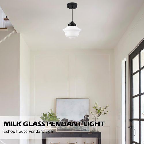AyshwillDec Black Schoolhouse Light Fixture 8" Milk Glass Pendant Light Schoolhouse Pendant Light Milk Glass Light Fixture Mid Century Pendant Light for Bedroom Bathroom Kitchen Hallway (Bulb Incl.)