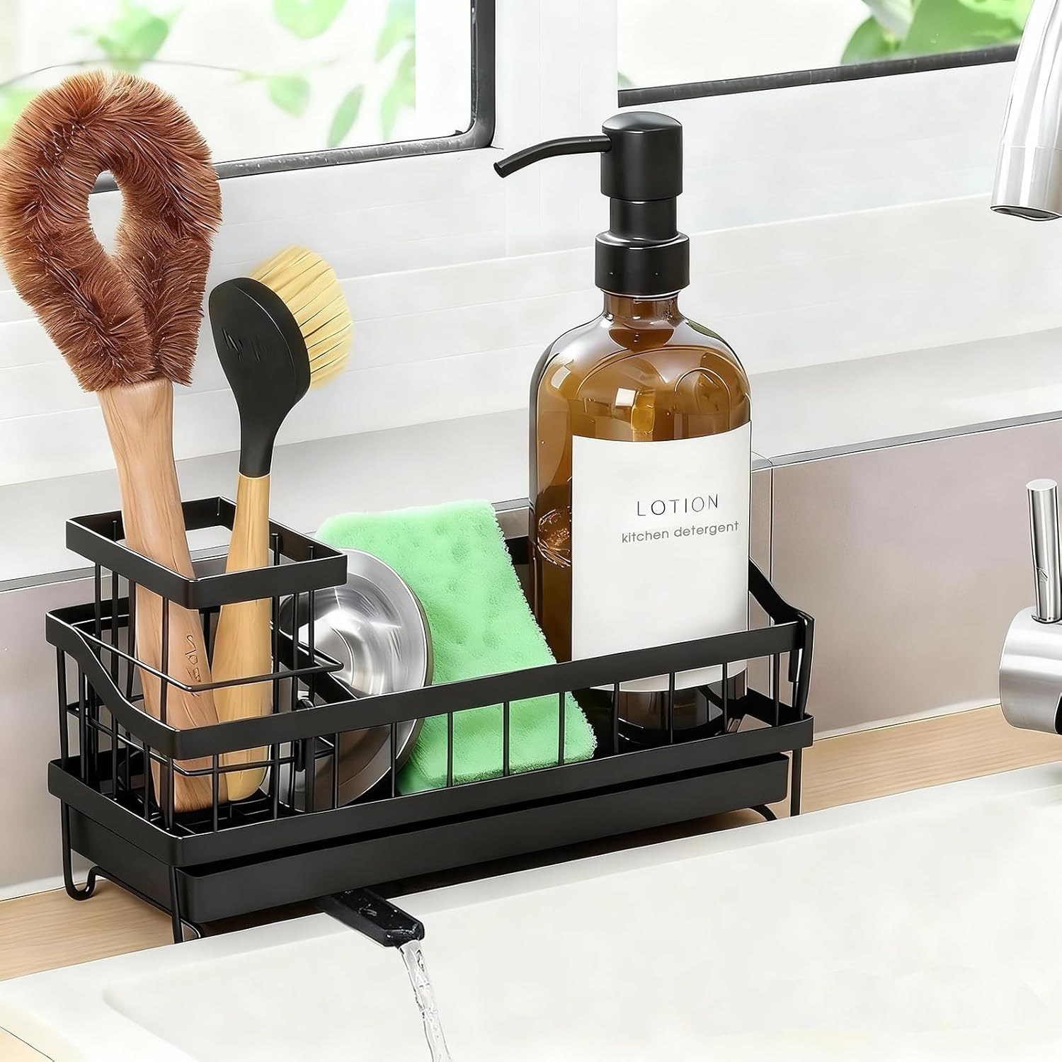 Skiennix Kitchen Sink Caddy - Rustproof High-Carbon Steel Sponge Holder with Brush & Soap Dispenser