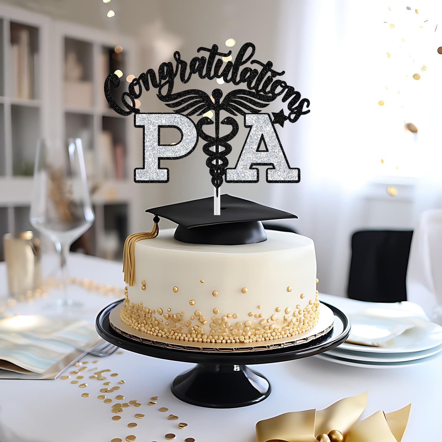 PA Cake Topper - Graduation Decorations 2025 | Congrats Nurse/Doctor - Black & Silver Glitter