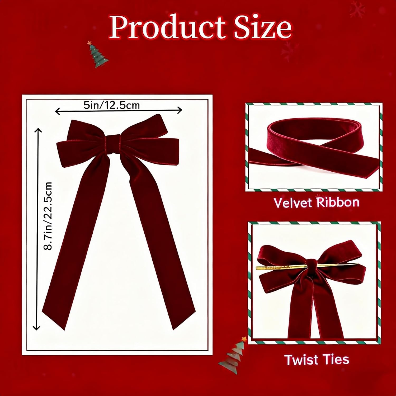 Skiennix 12PCS Velvet Ribbon Bows - Vintage Rustic Christmas Tree Decorations | 5" x 8.7" Burgundy