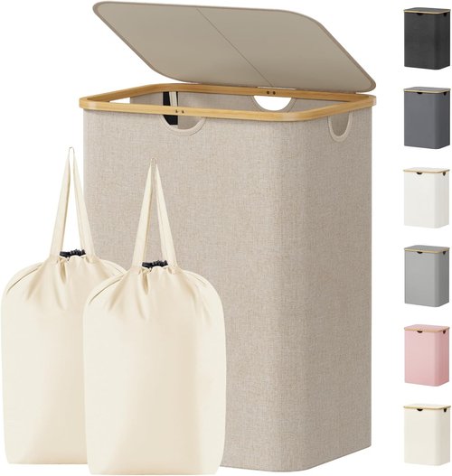 Lifewit 150L Laundry Basket - Foldable Hamper with Lid & Bamboo Handles | Beige, Large Capacity