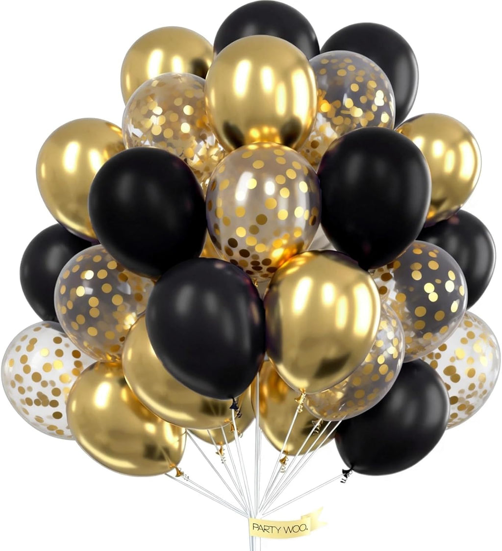 PartyWoo Gold & Black Balloons - 100pcs 12-Inch Metallic Balloons for Celebrations & Events