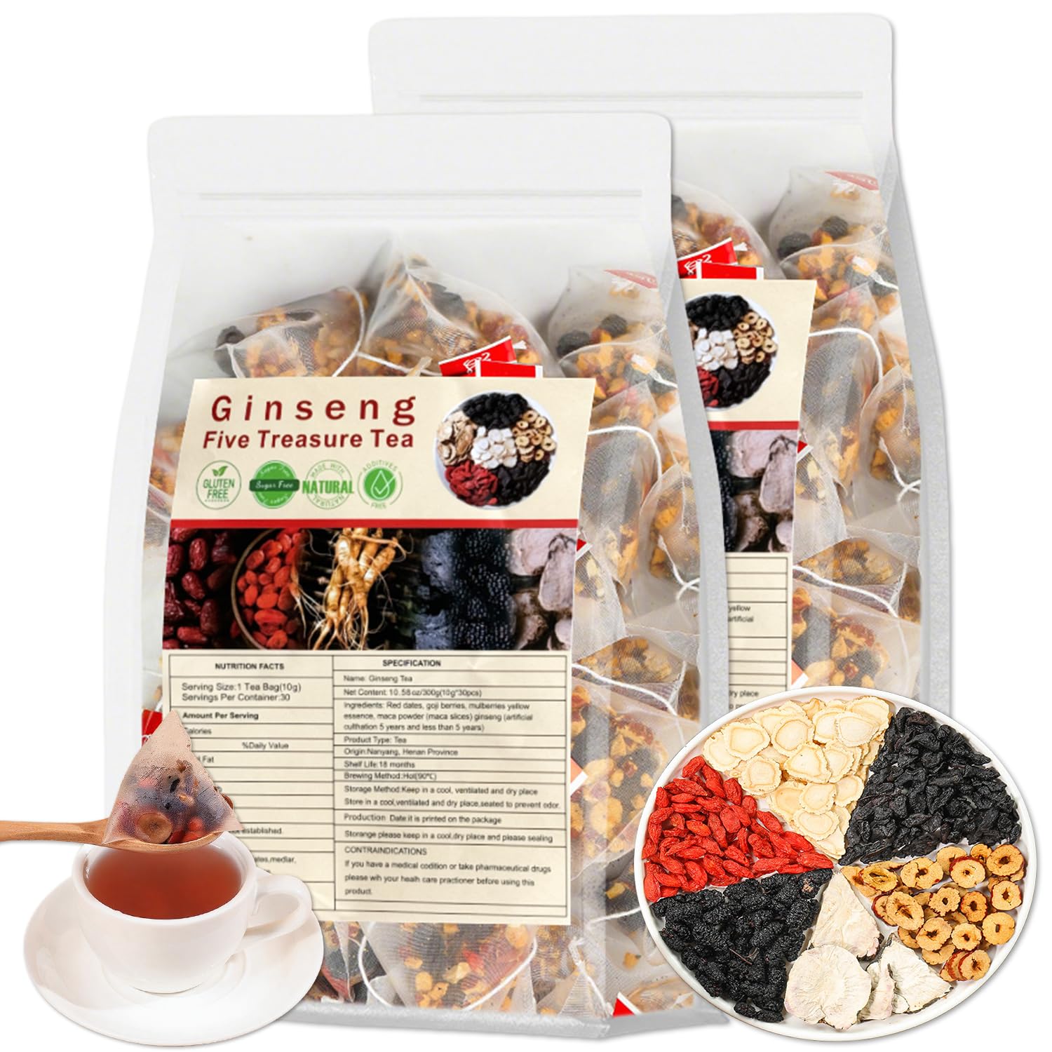 Ginseng Five Treasure Tea Ginseng Red Date Chinese Herbal tea, Kidney Cleanse Detox tea for Men & Women (2 Pack(60 pcs))