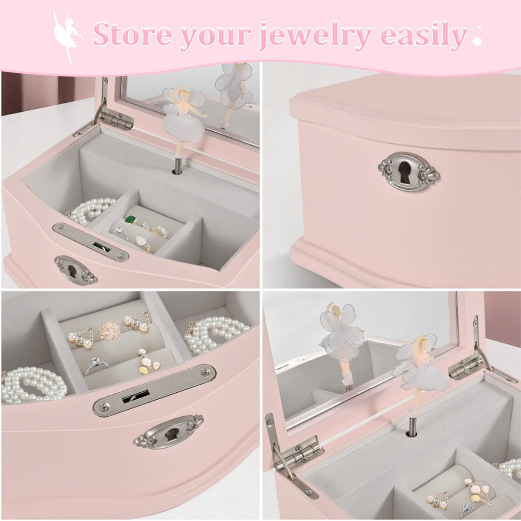 Lihou PapaQ Pink Ballerina Musical Jewelry Box for Girls, Wooden Jewelry Storage Chest with Mirror & Lock, Swan Lake Tune Spinning Ballerina Music Box, Ideal Kids Gift for Christmas & Holidays