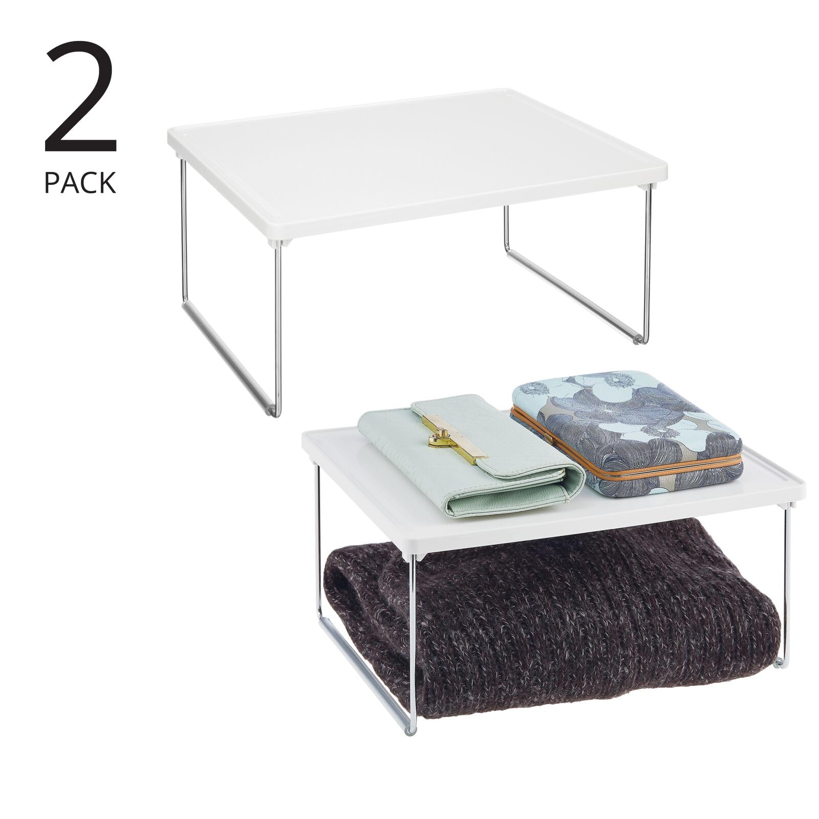 mDesign Metal Stacking Storage Organization for Shelves Inside Closet in Bedroom, Bathroom, Hall, or Entryway - Organizer Stand for Clothing, Linen, Household Items, Ligne Collection, 2 Pack, White