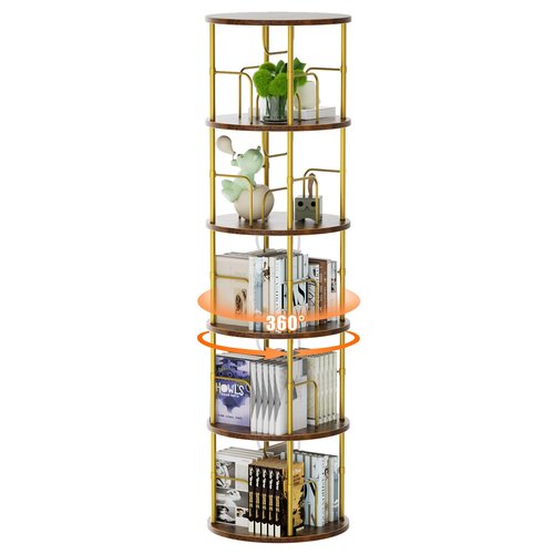 Flycity 5 Tier Rotating Bookshelf, 360° Corner Bookshelf Tower, Round Revolving Bookcase with Special Visible Partition Storage, Narrow Book Shelf Organizer for Living Room, Small Space, Gold