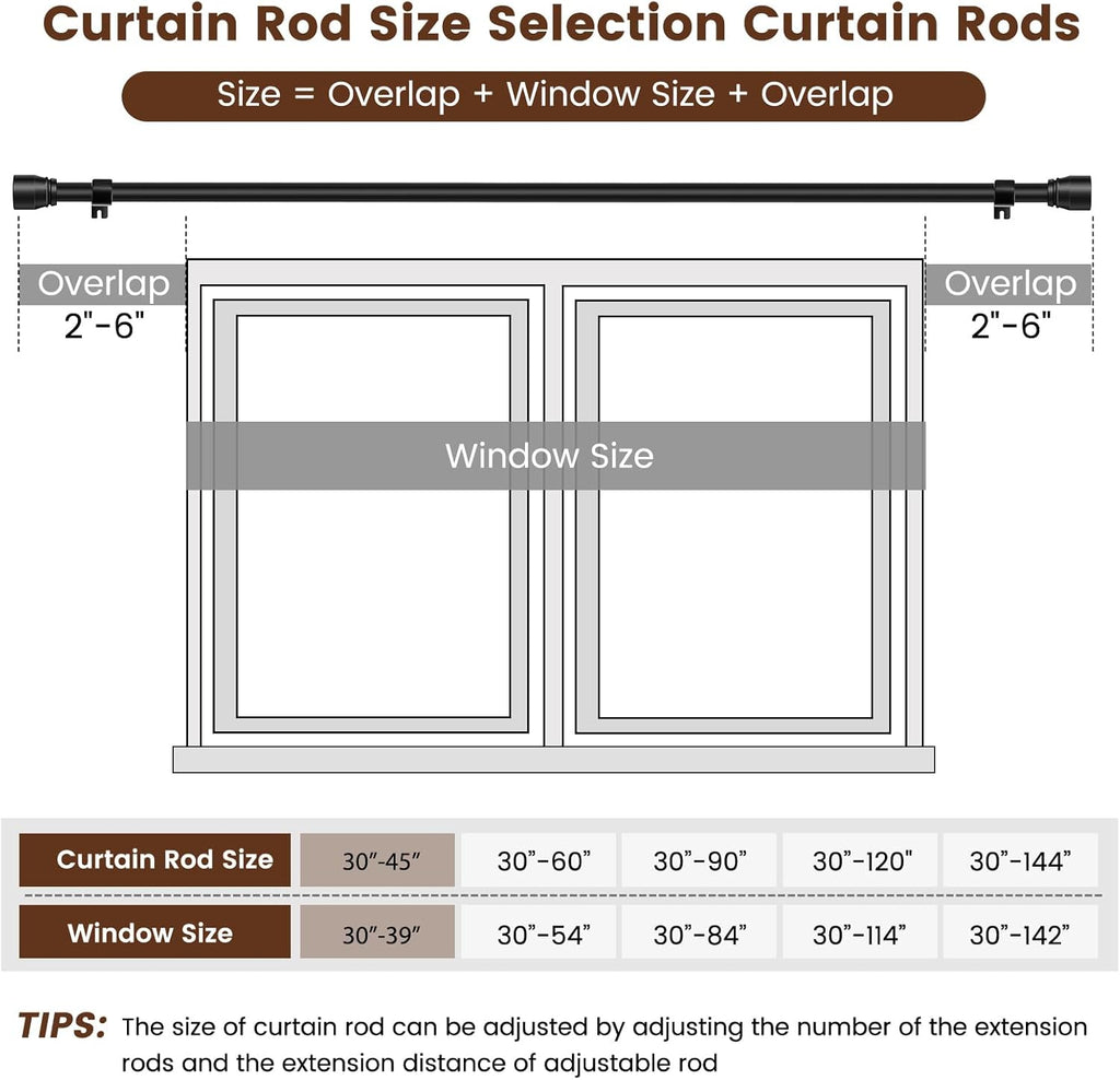 Skiennix Adjustable Curtain Rods - Heavy Duty 1” Diameter, 30-45 Inch, Matte Black | 2 Pack for 30-39 Inch Windows