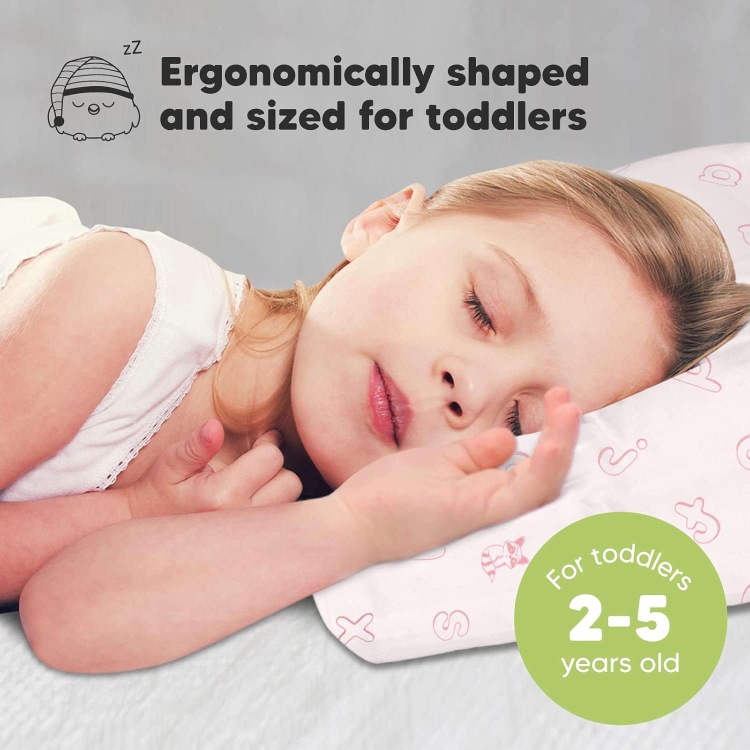 My Little Dreamy Toddler Pillow - Organic Cotton Travel Bed Pillow with Case, Soft & Breathable, 13x18 (ABC Land Rose)
