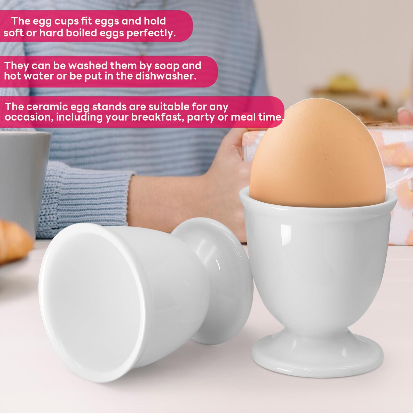 vibedor 2 Pcs Ceramic Egg Stand Holders, Porcelain Egg Holders White Egg Cups for Soft Boiled Eggs in Kitchen, Restaurant for Breakfast and Party Dinning