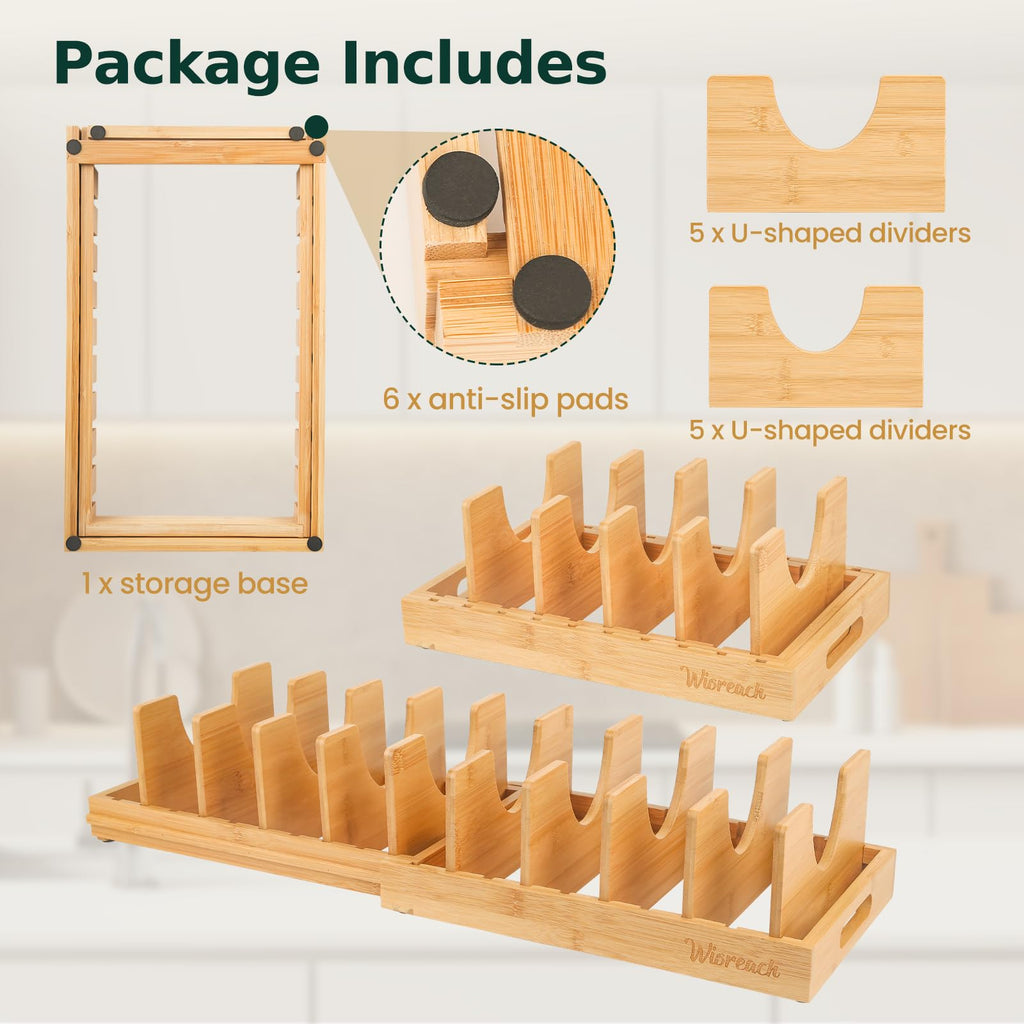 Wisreach Bamboo Pot Lid Organizer, Adjustable Kitchen Organizer for Cabinet, Expandable Pot and Pan Storage Rack, Kitchen Organization for Lids, Bakeware, and Cutting Boards