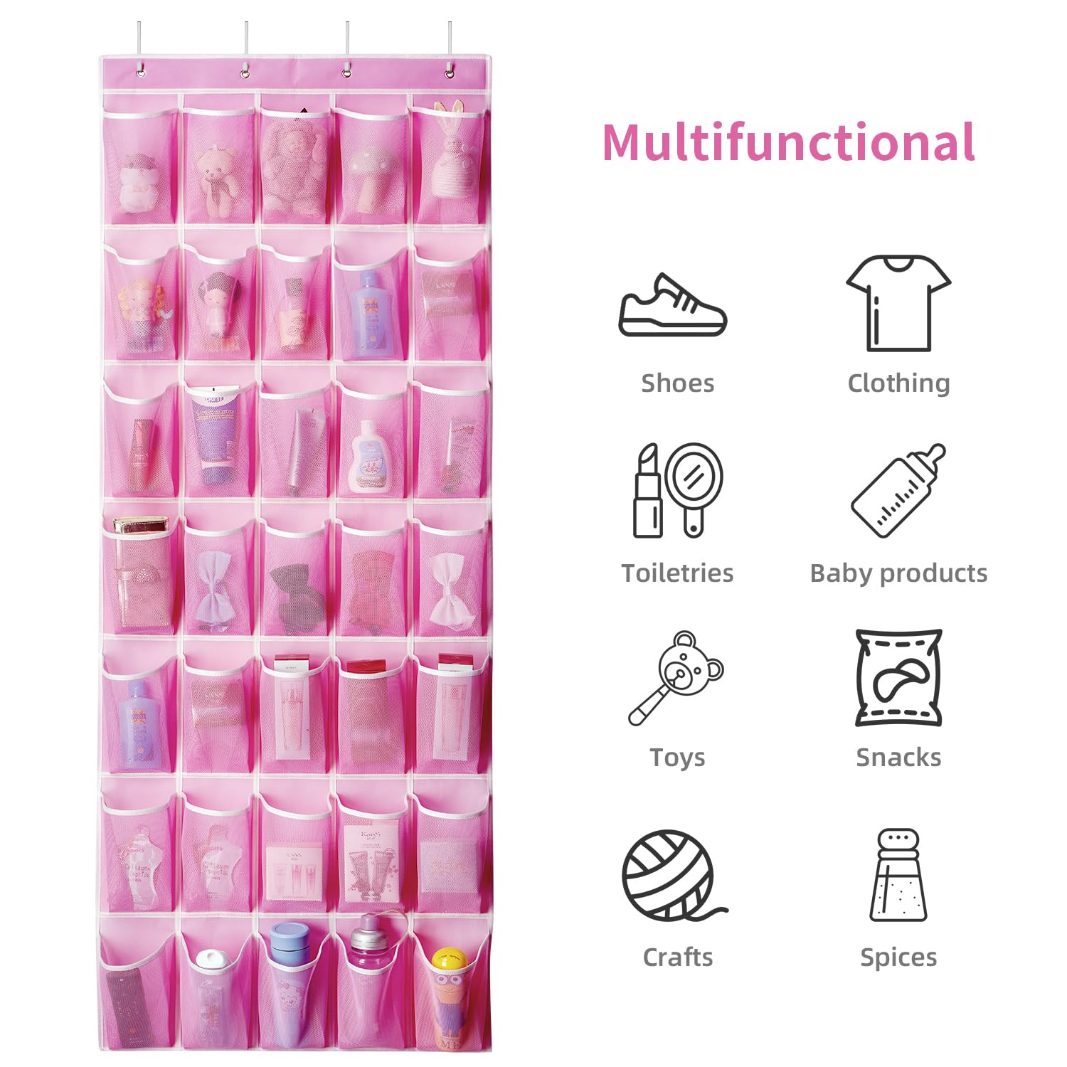 SAVERHO 35 Pockets Over the Door Shoe Organizer, Hanging Shoe Organizer for Door with 35 Mesh Pockets Large Capacity Shoe Hanging Storage Bag with 4 Metal Hooks (Pink-1Pack)