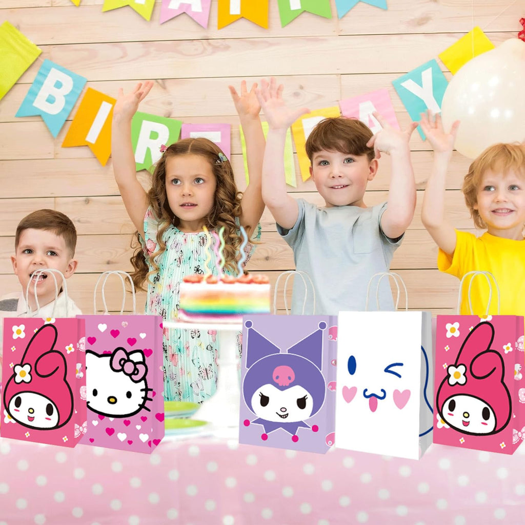 12 Pcs Cute Party Favor Bags, 4 Patterns Double Sided Printed Candy Goodie Treat Bags with Handle, Cartoon Pink Birthday Party Supplies for Kids
