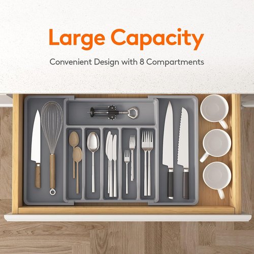 Lifewit Expandable Silverware Drawer Organizer - BPA-Free Utensil Tray for Kitchen | Adjustable 13-22 x 15", Grey