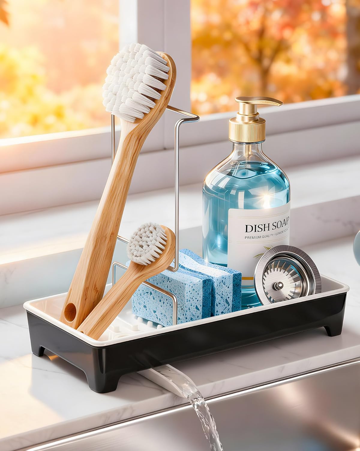 Minimalist Sink Caddy - Rustproof Kitchen Sponge Holder with 304 Stainless Steel Brush Rack | Large Black Design