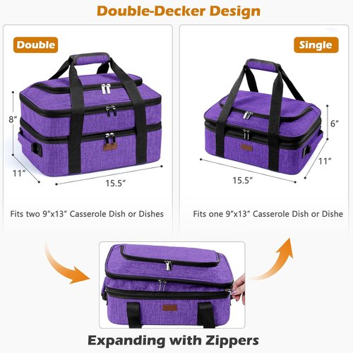BAGSPRITE Insulated Casserole Carrier - Expandable Thermal Tote for Hot or Cold Food | Fits 9" x 13" Dish