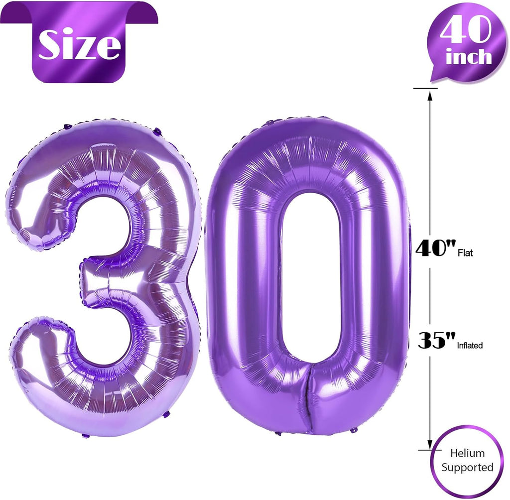 Purple Number 30 Balloon - 40 Inch 30th Birthday Decorations for Girls & Boys Party Supplies