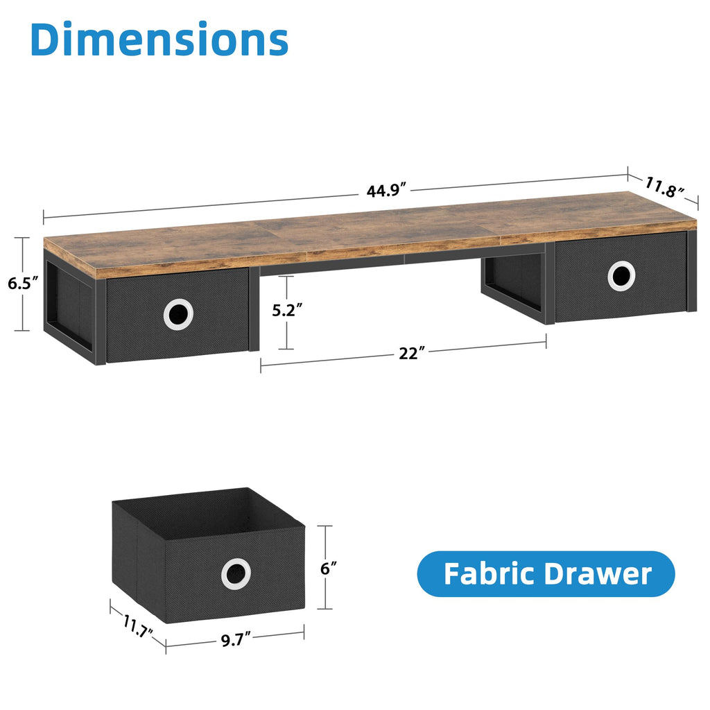 YAOHUOO 45" Large TV Riser with Fabric Drawers for 32-60 inch TV, TV Stand Riser with Steel Legs, Tabletop TV Riser Shelf, Monitor Stand Riser for Home Office, Rustic Brown