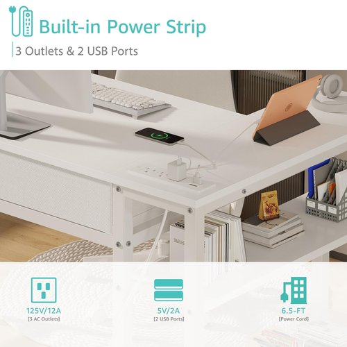 DLisiting Small White L Shaped Desk with Drawers & Storage Shelves, 40 Inch Corner Desk with Power Outlet for Small Space Home Office, Study Work PC Desks for Bedroom