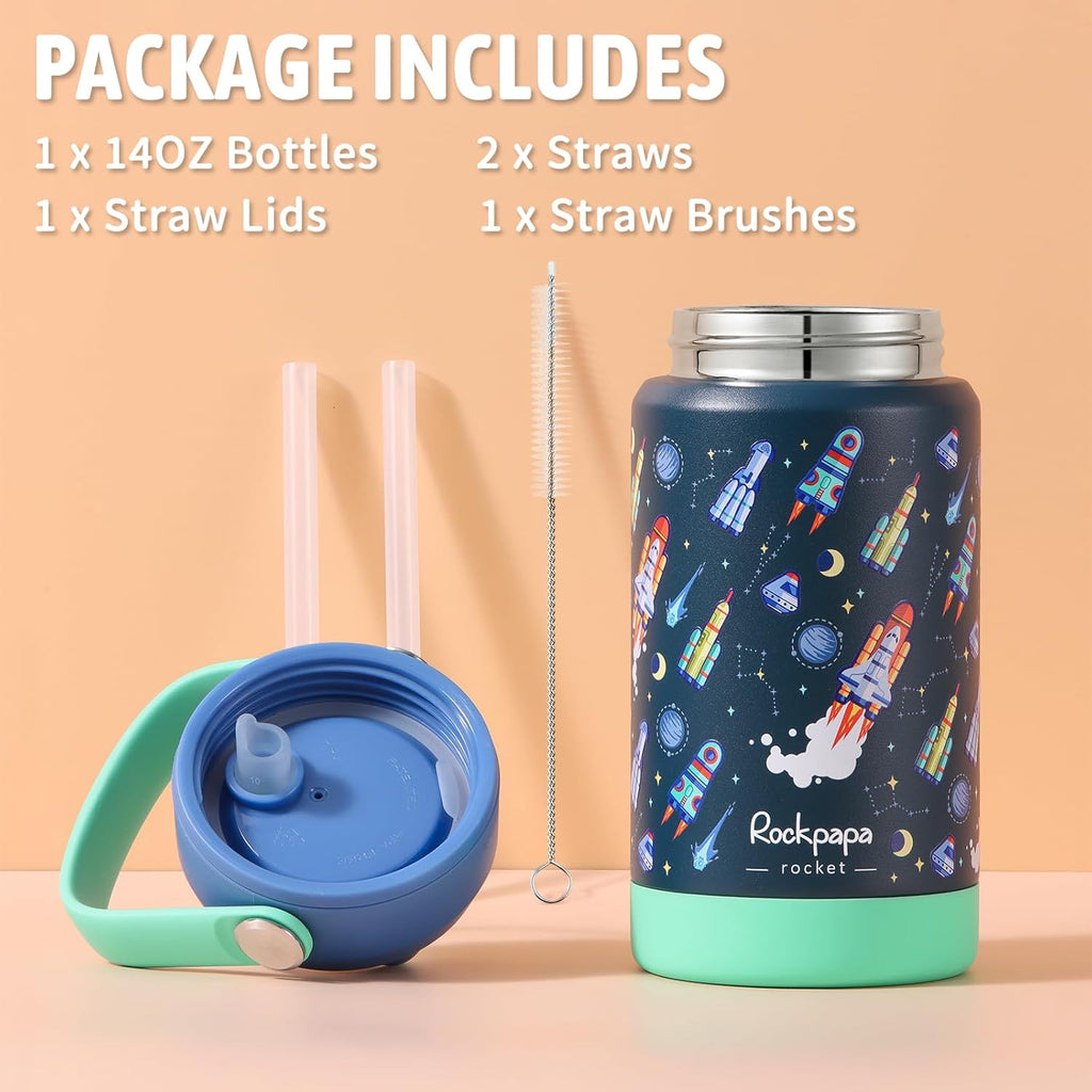 Rockpapa 14 Oz Kids Insulated Water Bottle - Stainless Steel, BPA Free, Leak-Proof | Blue Rocket Design