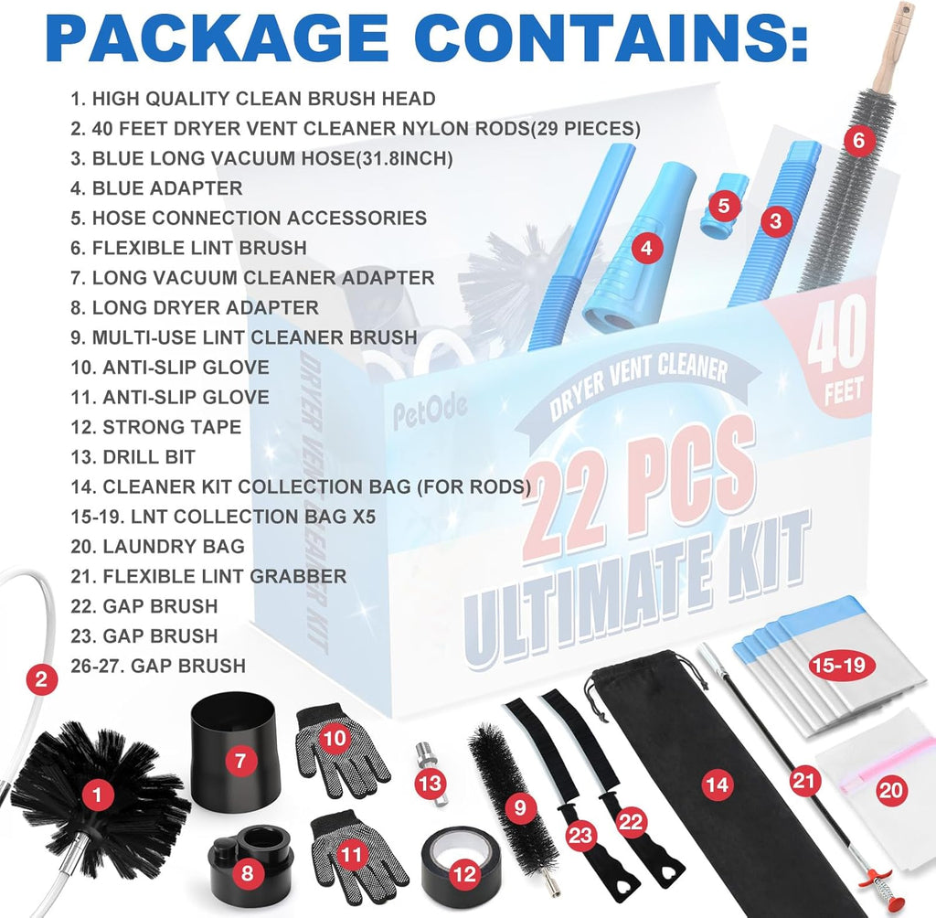 PetOde 40-Feet Dryer Vent Cleaner Kit - 22-Piece Lint Removal Tools with Flexible Brush & Attachments