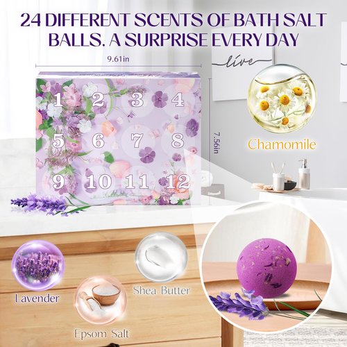 Advent Calendar 2026, 24 Different Natural Scents Bath Bombs Advent Calendar for Relaxation & Stress Relief-Christmas Gift for Women & Men, Stocking Stuffers
