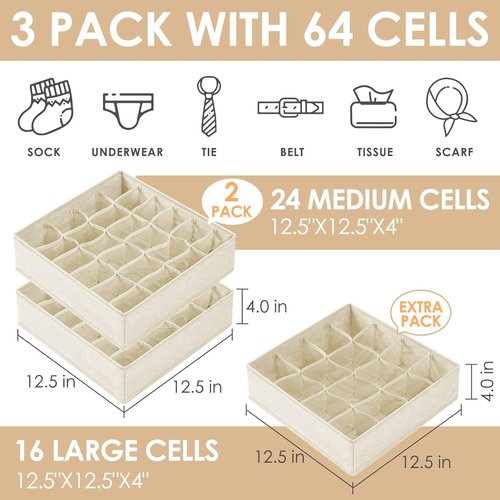 Criusia Sock Organizer - 3 Pack Fabric Drawer Dividers with 64 Cells | Beige Storage Solution for Socks, Underwear, Ties