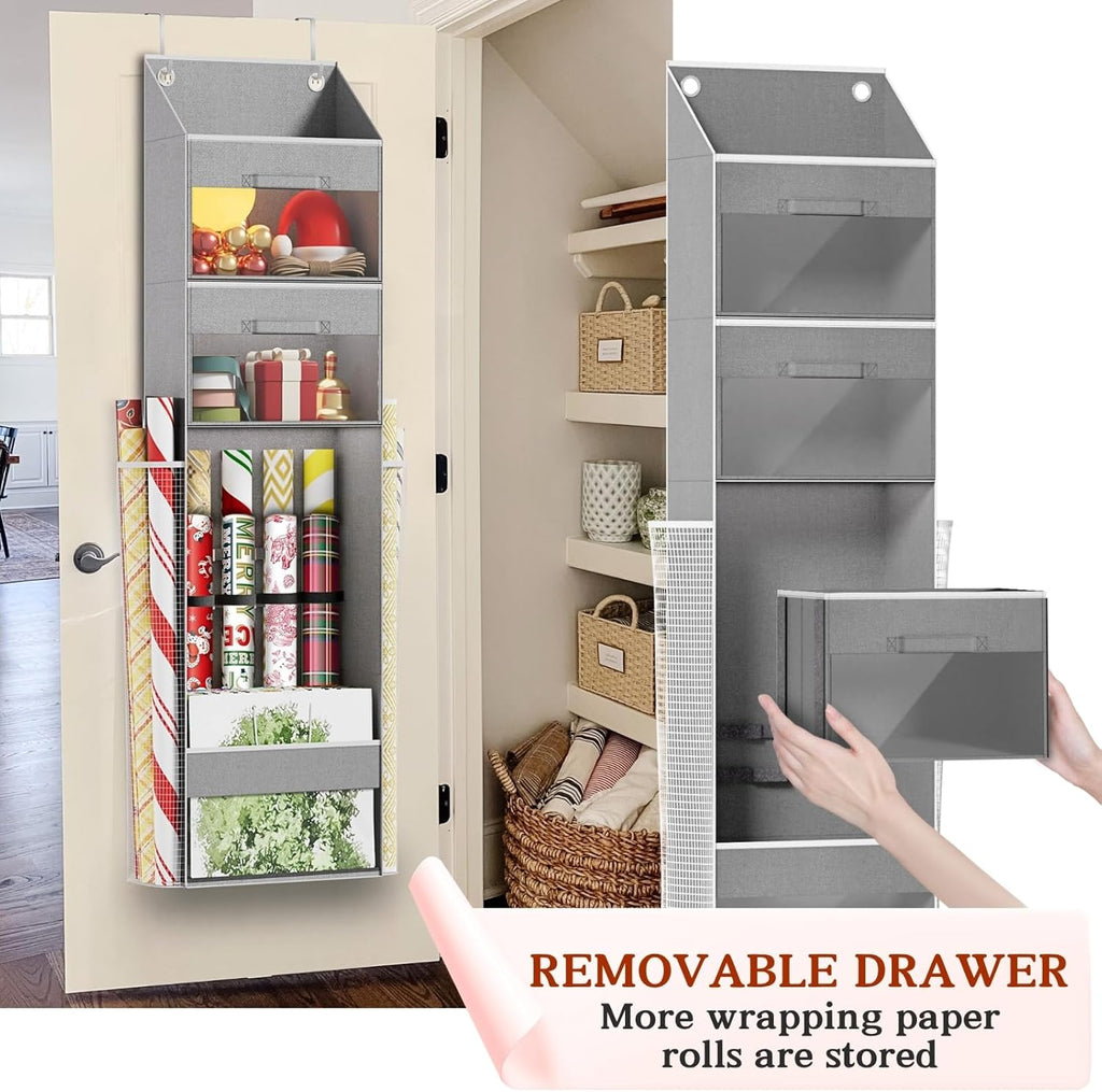 Skiennix Over Door Wrapping Paper Organizer - Light Grey Storage with 3 Removable Drawers & Side Pockets