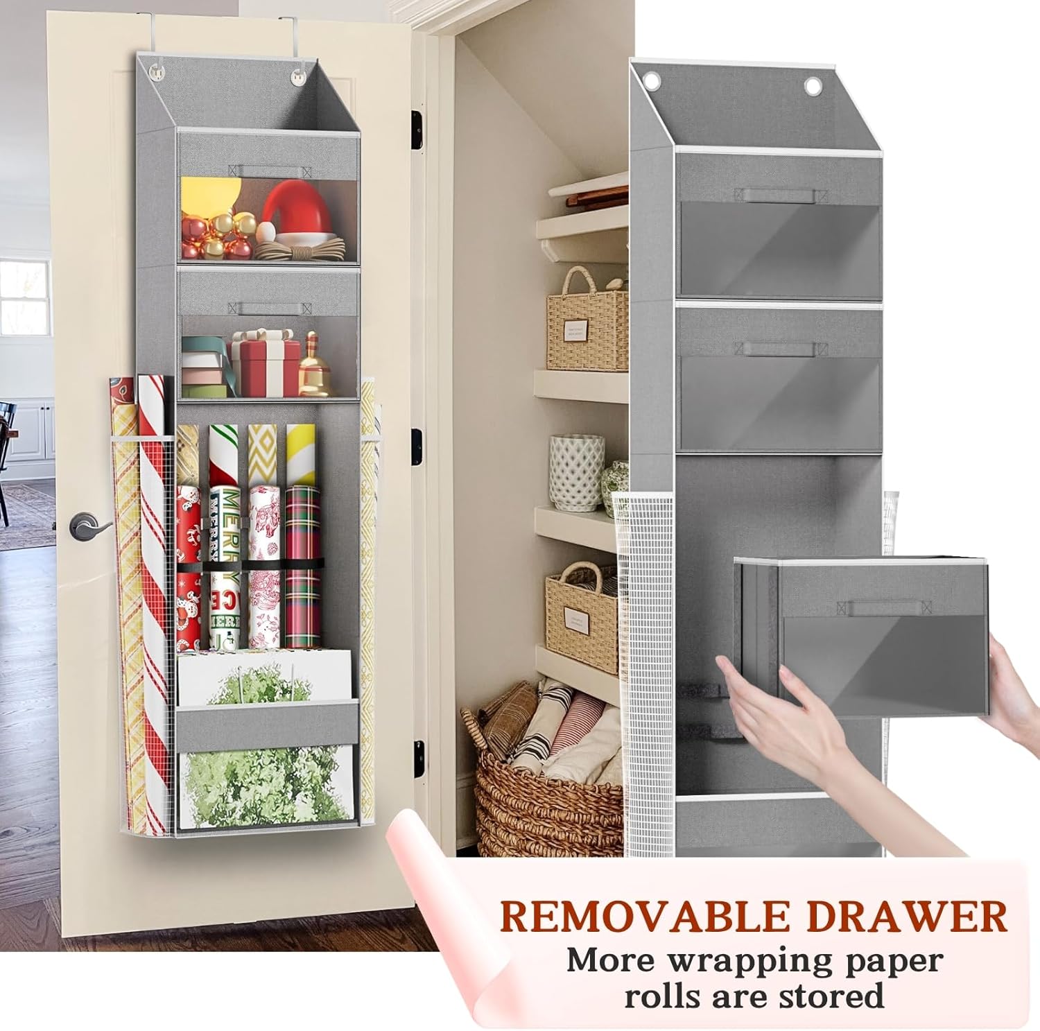 Skiennix Over Door Wrapping Paper Organizer - Light Grey Storage with 3 Removable Drawers & Side Pockets