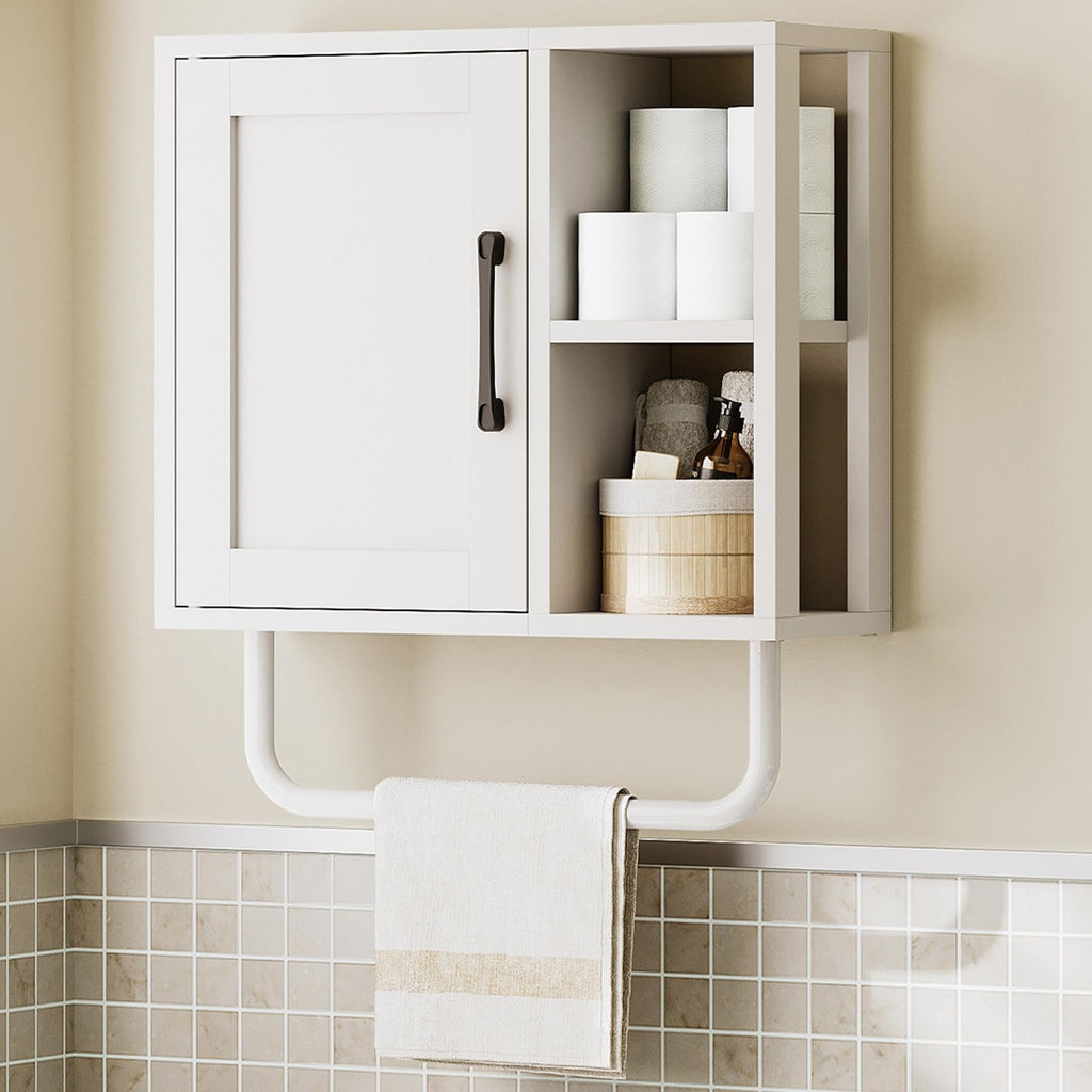 YATINEY Medicine Cabinet, Bathroom Wall Cabinet with Towel Bar, Over The Toilet Storage Cabinet with Adjustable Shelf and Open Partition, for Bathroom, Laundry Room, Living Room, Kitchen, White