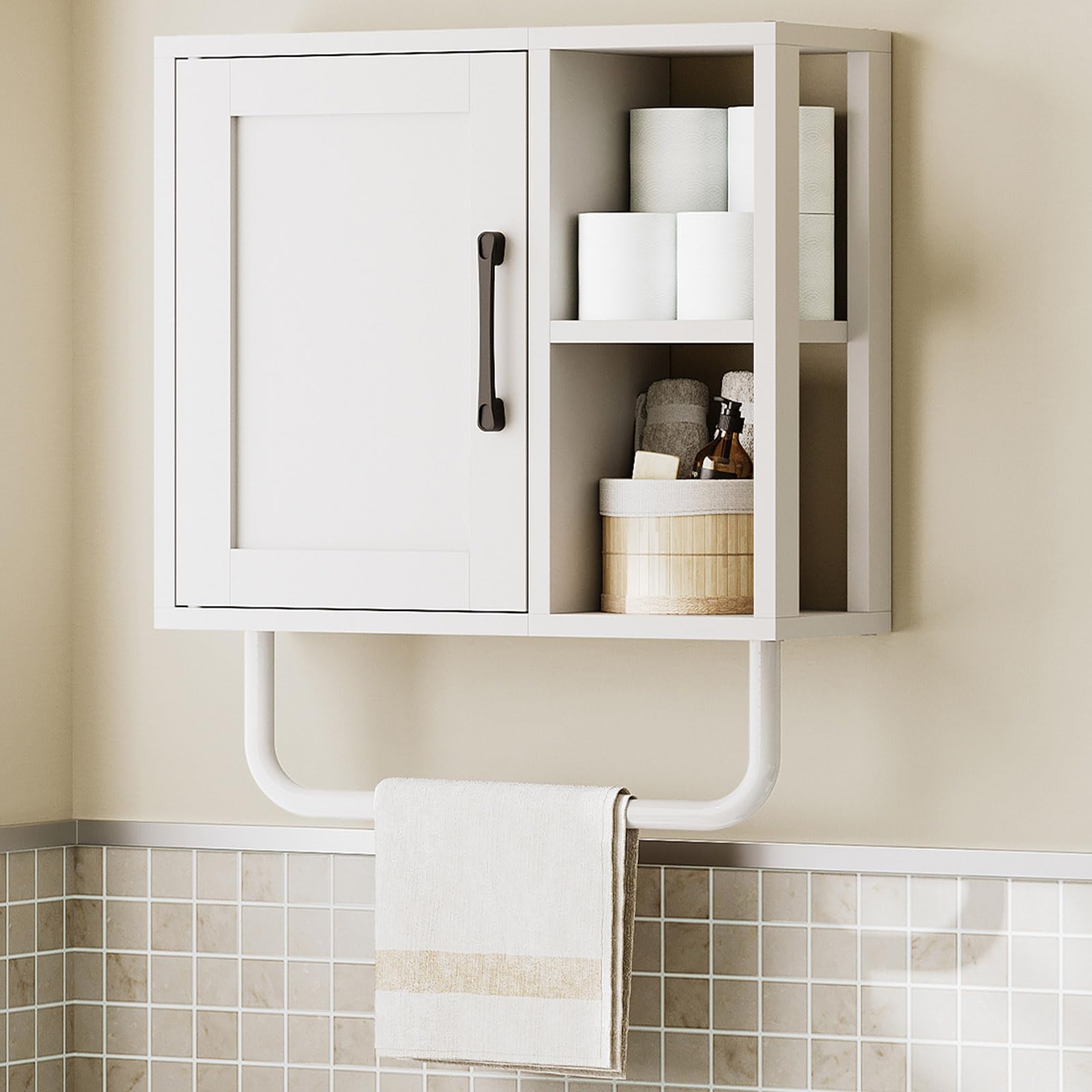 YATINEY Medicine Cabinet, Bathroom Wall Cabinet with Towel Bar, Over The Toilet Storage Cabinet with Adjustable Shelf and Open Partition, for Bathroom, Laundry Room, Living Room, Kitchen, White