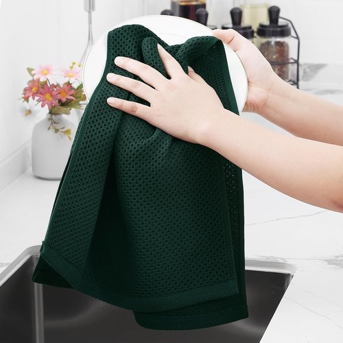 Homaxy 100% Cotton Waffle Weave Dish Towels - Ultra Soft & Absorbent | 13 x 28 Inches, 12-Pack, Blackish Green