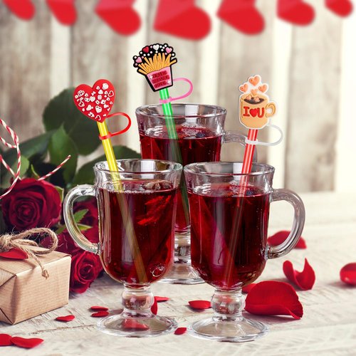 24 PCS Valentine's Day Straw Toppers, 8mm Heart Shaped Straw Cover Cap for Tumblers, Reusable Red Pink Lips Drinking Straws Tip Cover Lover Couple Fun Gifts