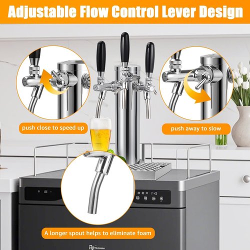 Dbgogo 3 Tap Beer Tower Adjustable Flow Control Beer Faucet Three Tap Beer Tower Stainless 3” Triple Tap Beer Tower Dispenser Kegerator Tower Kit with Pre-Assembled Tubing and Self-Closing Springs