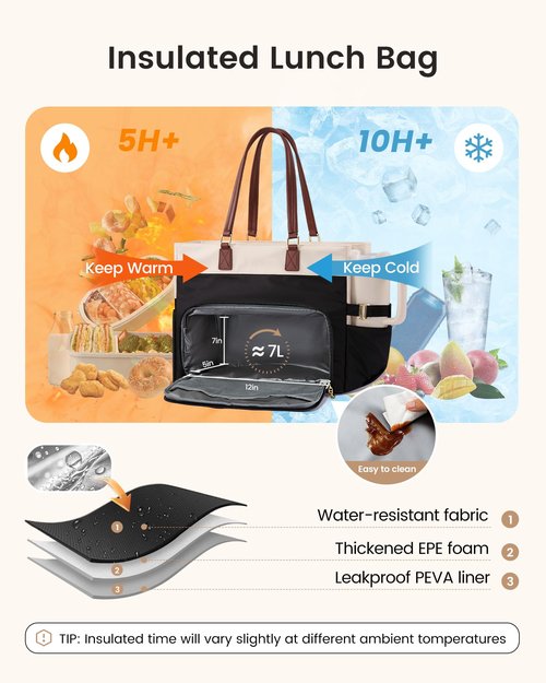 LOVEVOOK Lunch Tote Bag for Women, Work Bag with Insulated Lunch Compartment, 15.6 Inch Laptop Tote with Cup Holder for Teacher, Office, Black & Brown