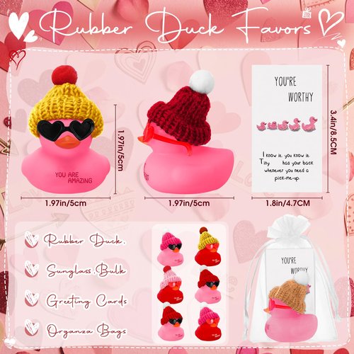 Liliful 2 Inch Rubber Ducks Bulk with Hats Glasses You Are Awesome Sign Card Employee Appreciation Gift for Friends Staff Team Coworker Exchange(24 Sets,Pink,Red)