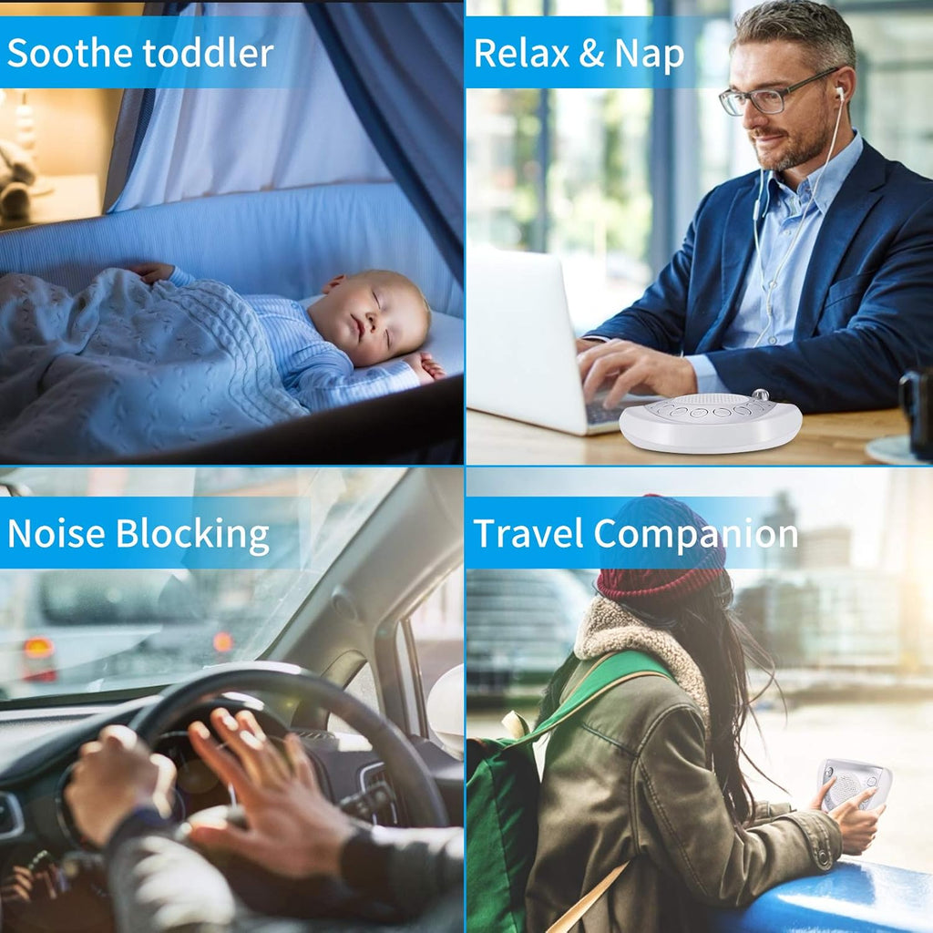 Raynic White Noise Machine - Portable Sleep Sound Device with 24 Soothing Sounds | USB & Timer Features, Silver