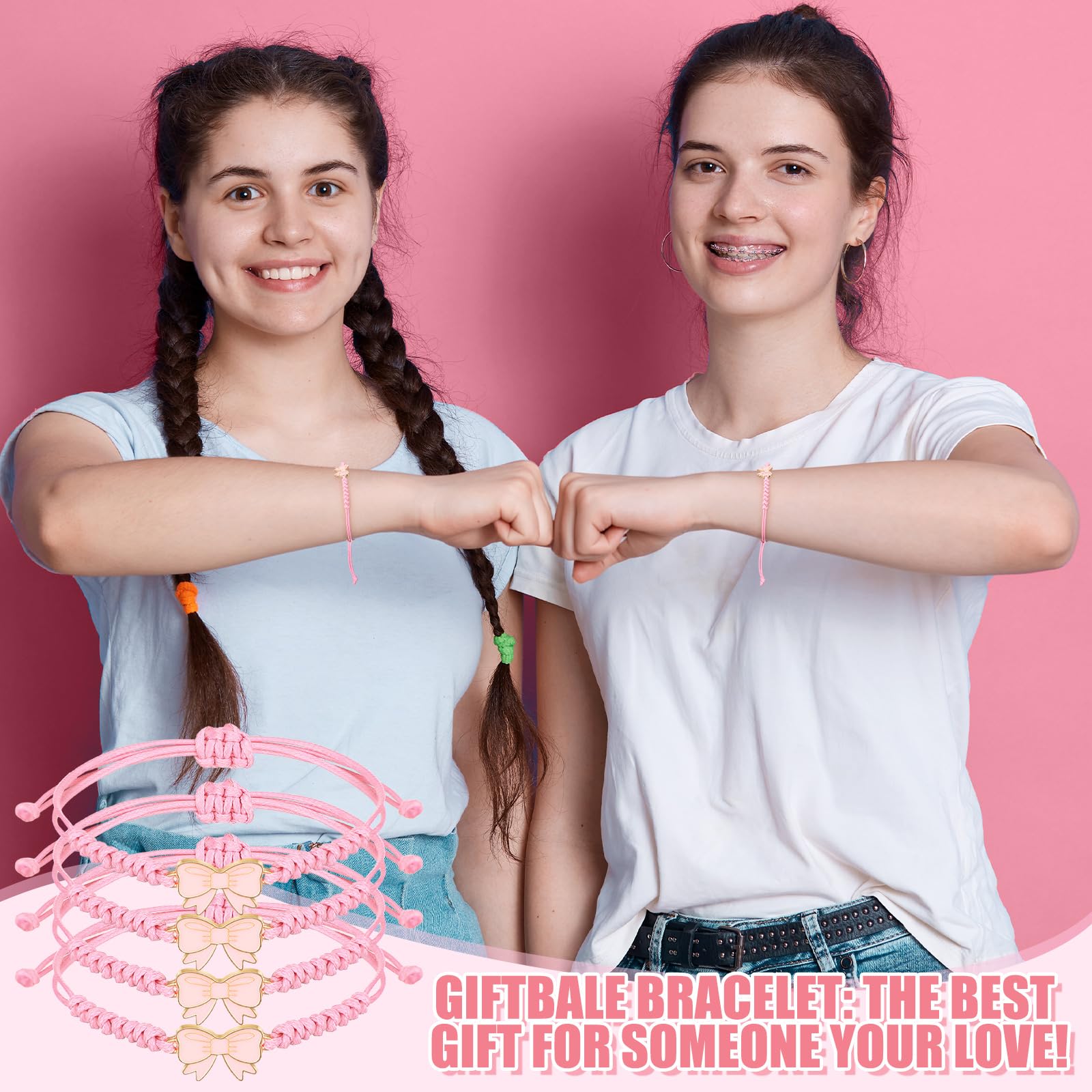 Liliaafar 24 Pack Coquette Pink Bow Braid String Bracelets Gift Bulk Cheerleader Adjustable String Rope Braided Birthday Party Favor for Cheer Dance Team Friends Gift