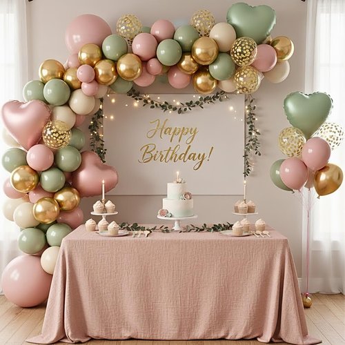 Pink and Green Balloons, 12 Inch Retro Sage Green Pink Nude Metallic Gold Confetti Balloons with Heart Foil Balloon for Girls Jungle Woodland Birthday Safari Baby Shower Party Decorations