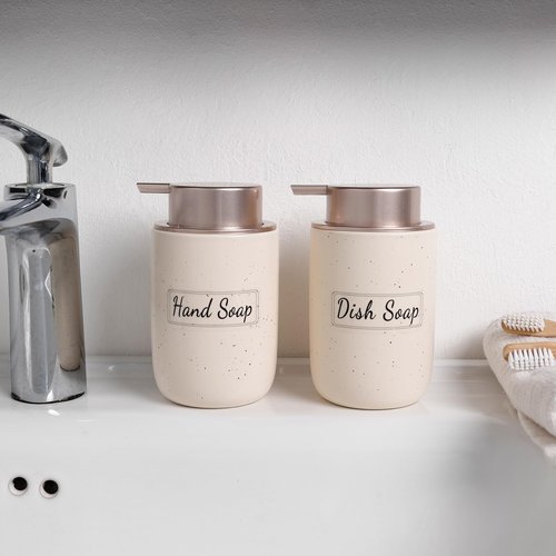 BosilunLife Apricot Soap Dispenser Set - 2 Pack 12oz Ceramic Dish Soap Dispenser with Rust Proof Pump for Kitchen, Hand Soap and Lotion Set Suitable for Farmhouse Bathroom Decor with Waterproof Labels