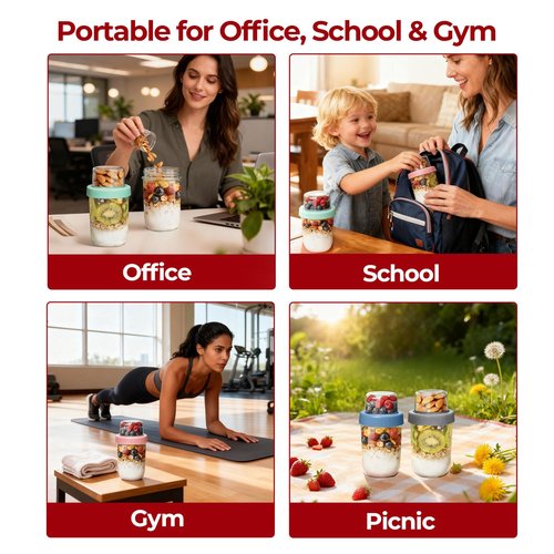 KTMAMA 4 Pack Glass Yogurt Parfait Cups with Lids, 16+4oz Reusable Containers with Dry & Wet Separation, Leak-Proof for Overnight Oats, Meal Prep, Portable to Work & School, Easy Clean