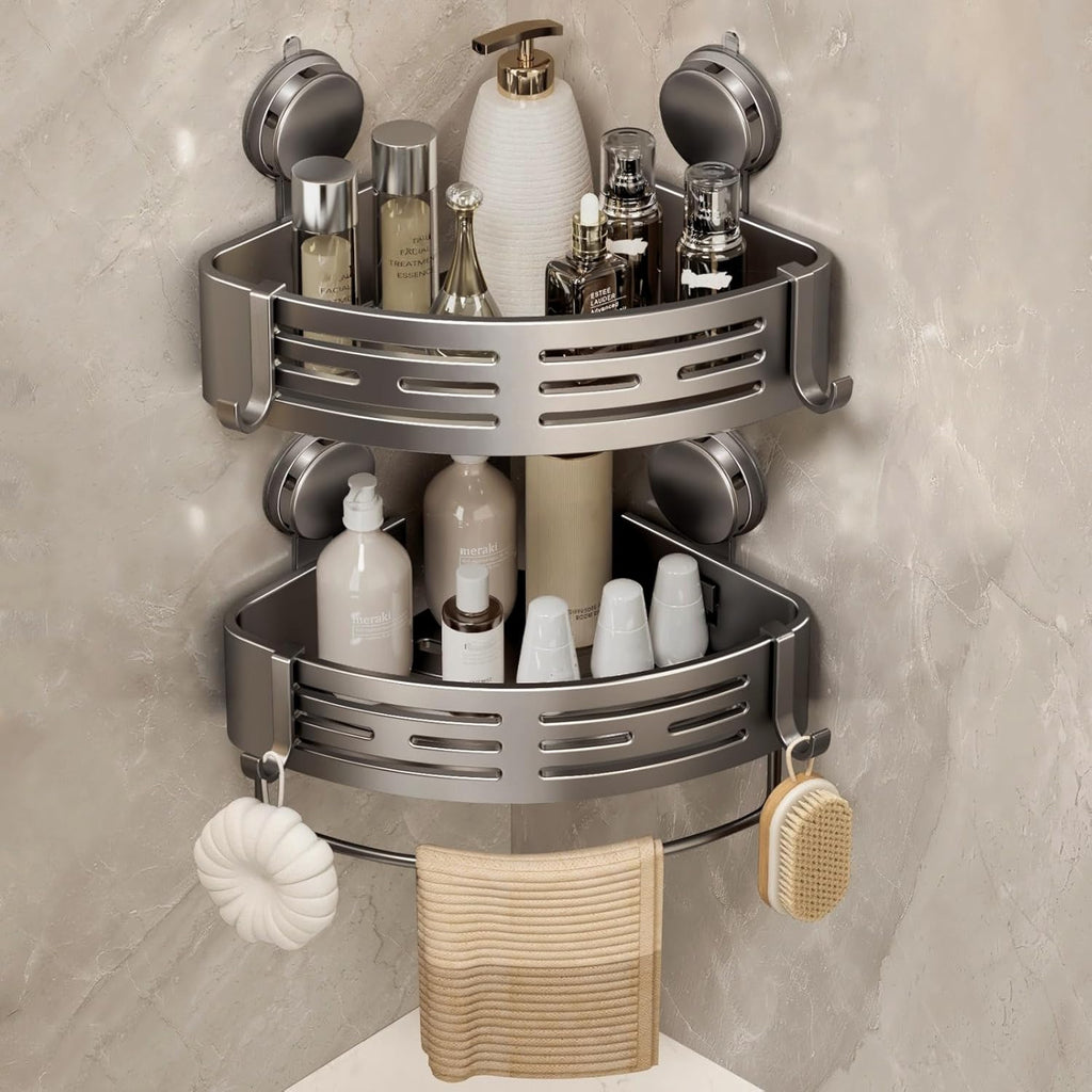 VOLPONE Corner Shower Caddy - No-Drill Suction Cup Organizer with Towel Bar Hooks | 2-Pack, Matte Gray