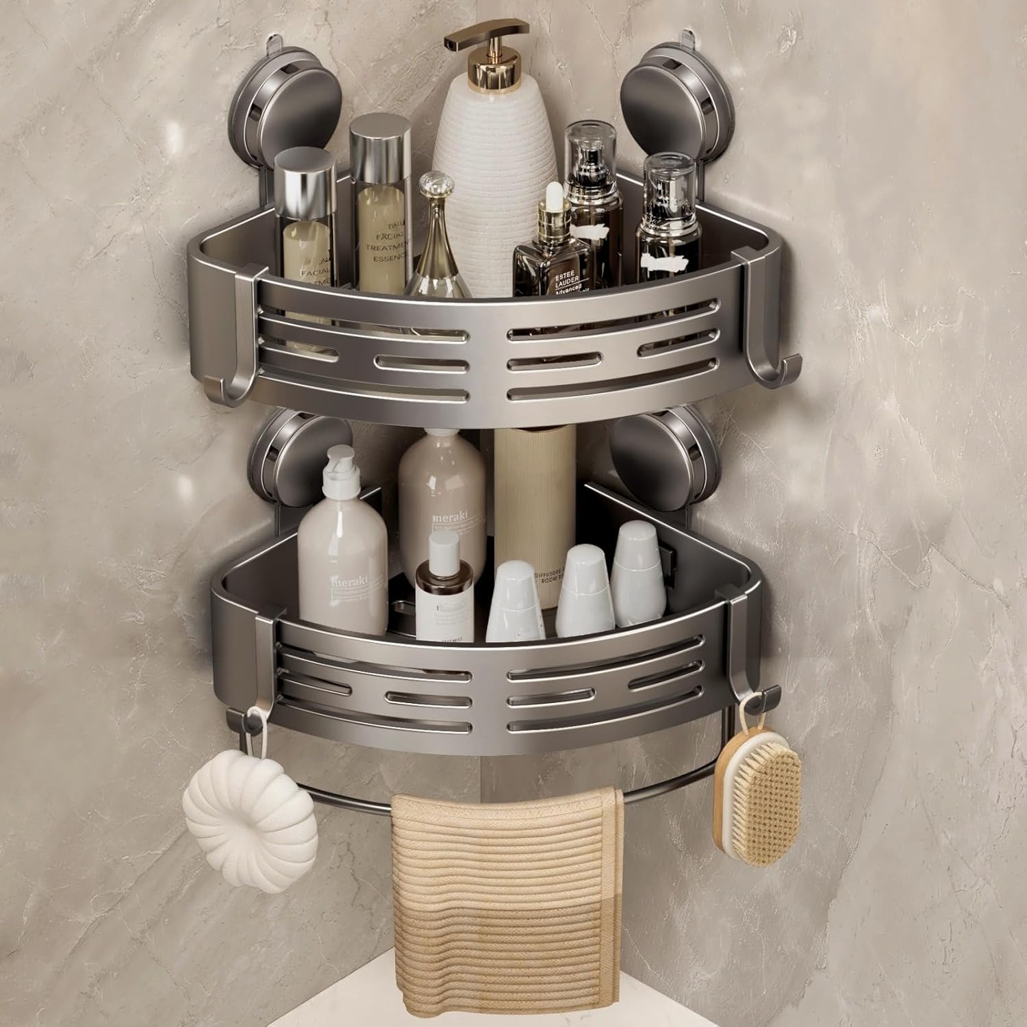 VOLPONE Corner Shower Caddy - No-Drill Suction Cup Organizer with Towel Bar Hooks | 2-Pack, Matte Gray